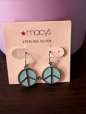 Macy’s Sterling Silver Turquoise Peace Sign Dangle Earrings